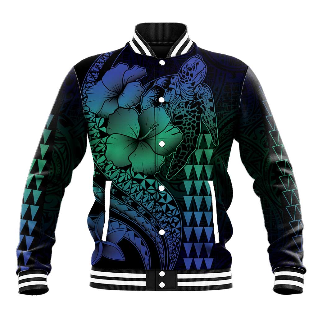 Hawaiian Sea Turtle Baseball Jacket Blue Hibiscus Flowers and Kakau Pattern