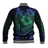 Hawaiian Sea Turtle Baseball Jacket Blue Hibiscus Flowers and Kakau Pattern
