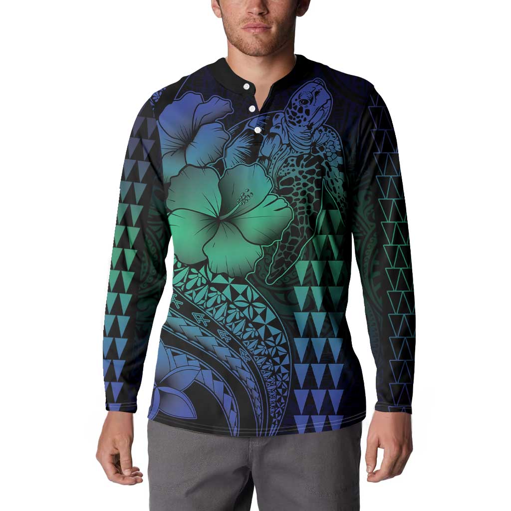 Hawaiian Sea Turtle Button Sweatshirt Blue Hibiscus Flowers and Kakau Pattern