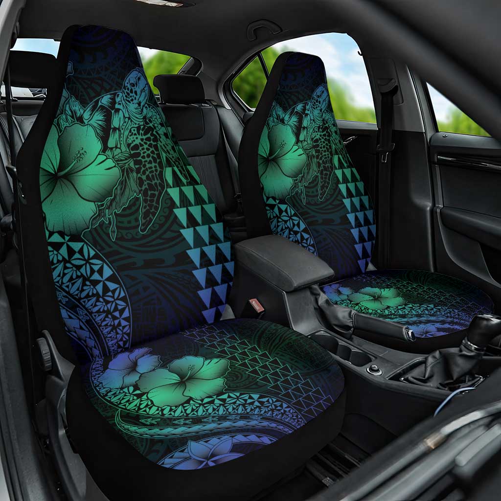 Hawaiian Sea Turtle Car Seat Cover Blue Hibiscus Flowers and Kakau Pattern