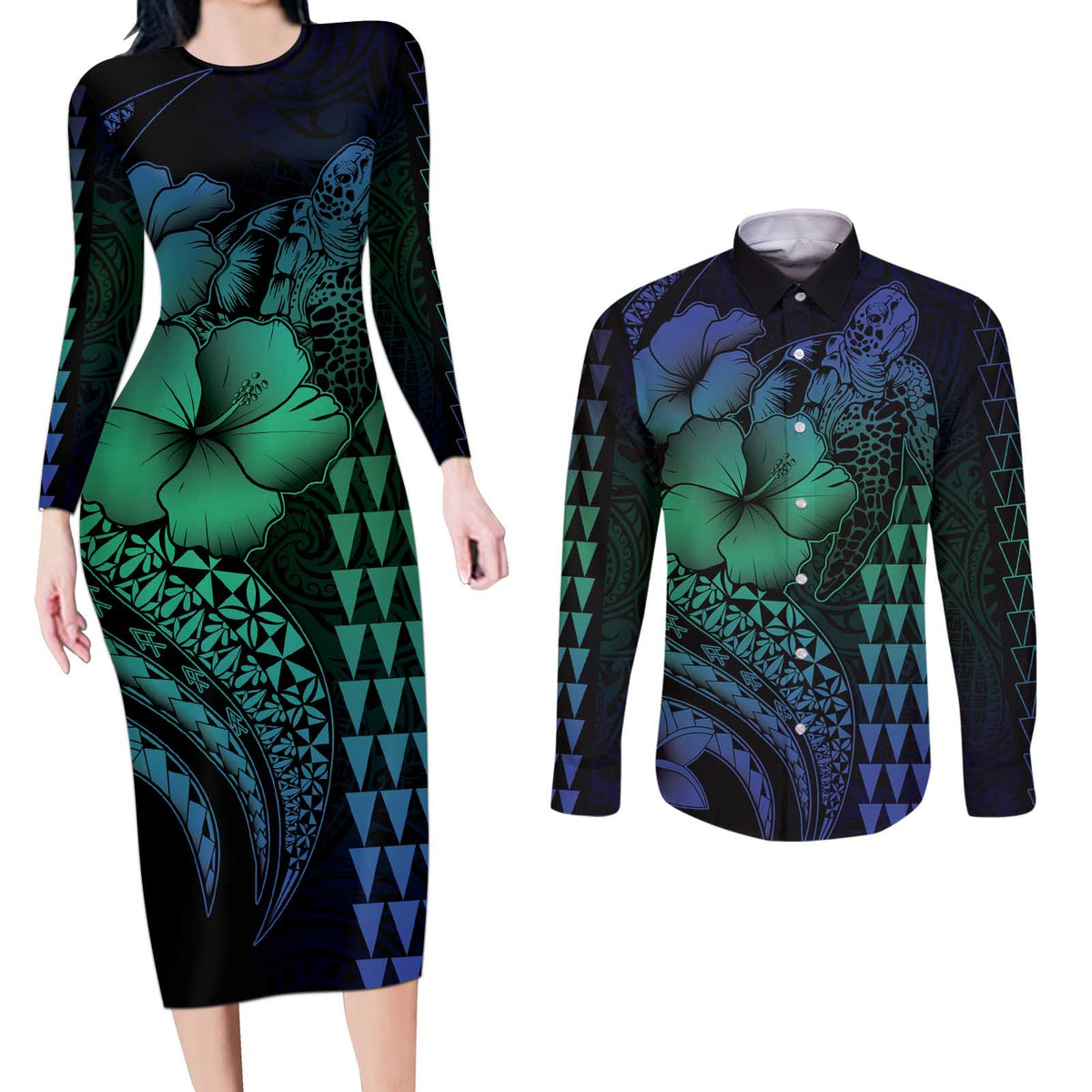 Hawaiian Sea Turtle Couples Matching Long Sleeve Bodycon Dress and Long Sleeve Button Shirt Blue Hibiscus Flowers and Kakau Pattern