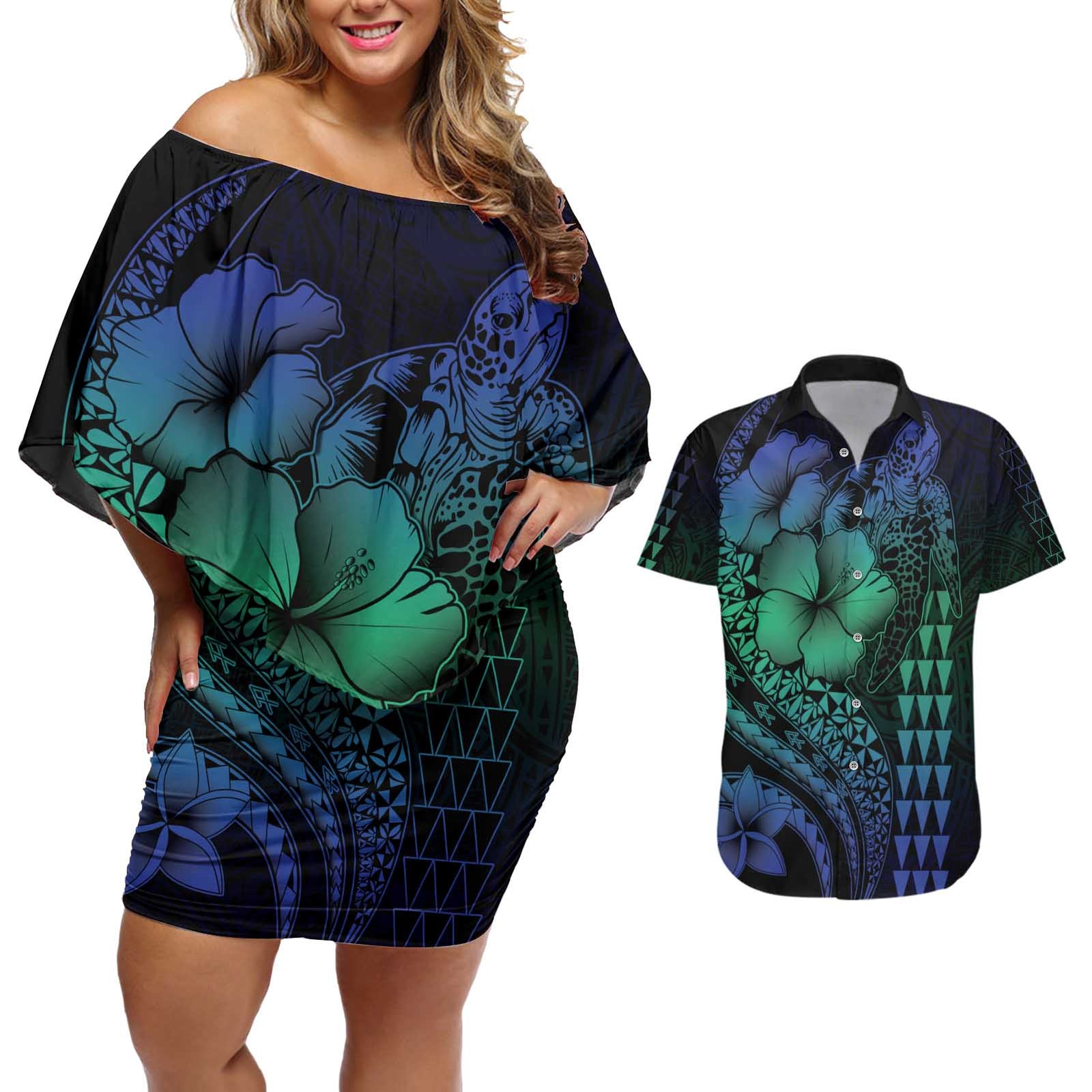 Hawaiian Sea Turtle Couples Matching Off Shoulder Short Dress and Hawaiian Shirt Blue Hibiscus Flowers and Kakau Pattern