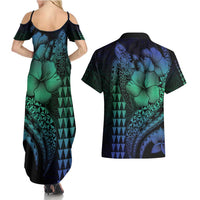 Hawaiian Sea Turtle Couples Matching Summer Maxi Dress and Hawaiian Shirt Blue Hibiscus Flowers and Kakau Pattern