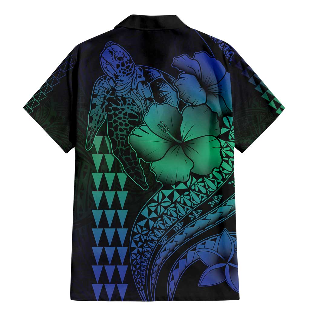 Hawaiian Sea Turtle Family Matching Mermaid Dress and Hawaiian Shirt Blue Hibiscus Flowers and Kakau Pattern