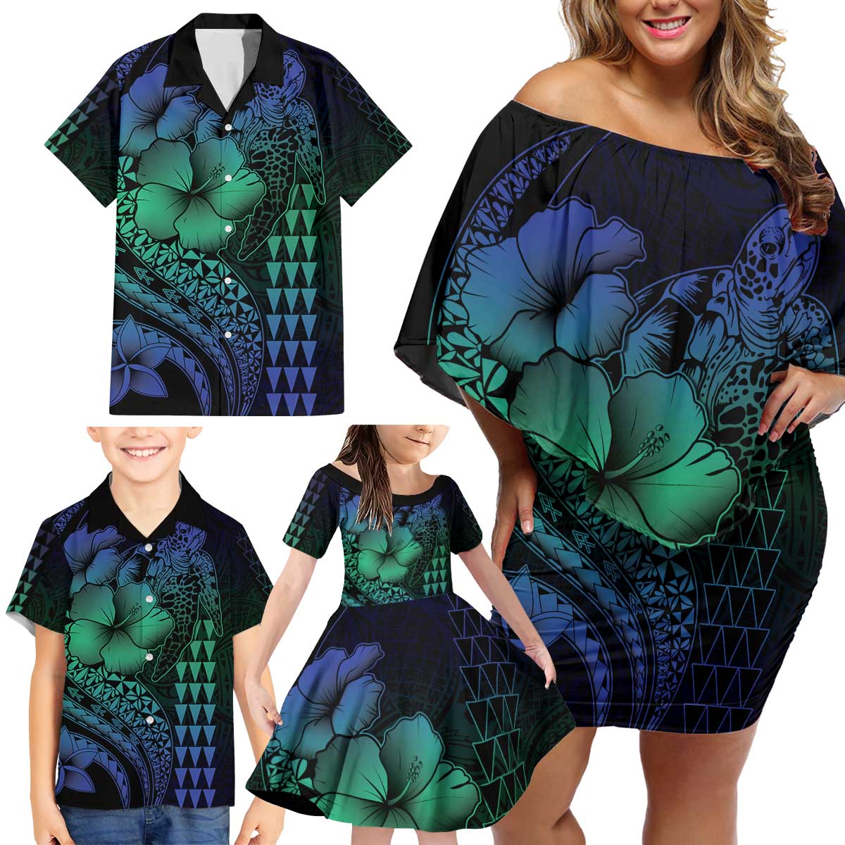 Hawaiian Sea Turtle Family Matching Off Shoulder Short Dress and Hawaiian Shirt Blue Hibiscus Flowers and Kakau Pattern