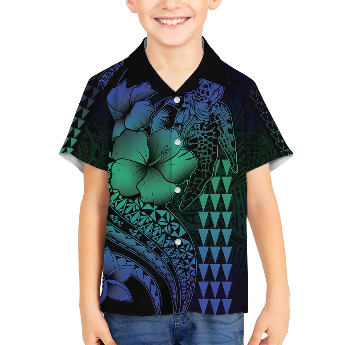 Hawaiian Sea Turtle Family Matching Off Shoulder Short Dress and Hawaiian Shirt Blue Hibiscus Flowers and Kakau Pattern