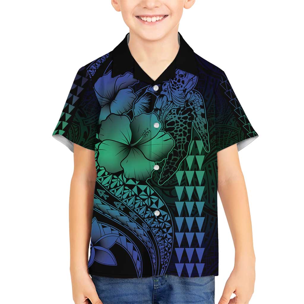 Hawaiian Sea Turtle Family Matching Summer Maxi Dress and Hawaiian Shirt Blue Hibiscus Flowers and Kakau Pattern