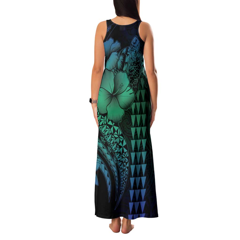 Hawaiian Sea Turtle Family Matching Tank Maxi Dress and Hawaiian Shirt Blue Hibiscus Flowers and Kakau Pattern