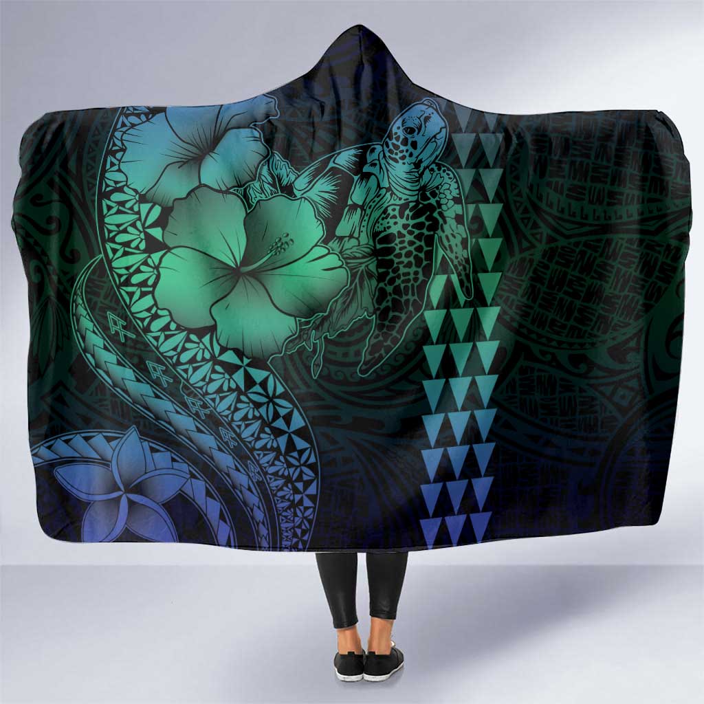 Hawaiian Sea Turtle Hooded Blanket Blue Hibiscus Flowers and Kakau Pattern