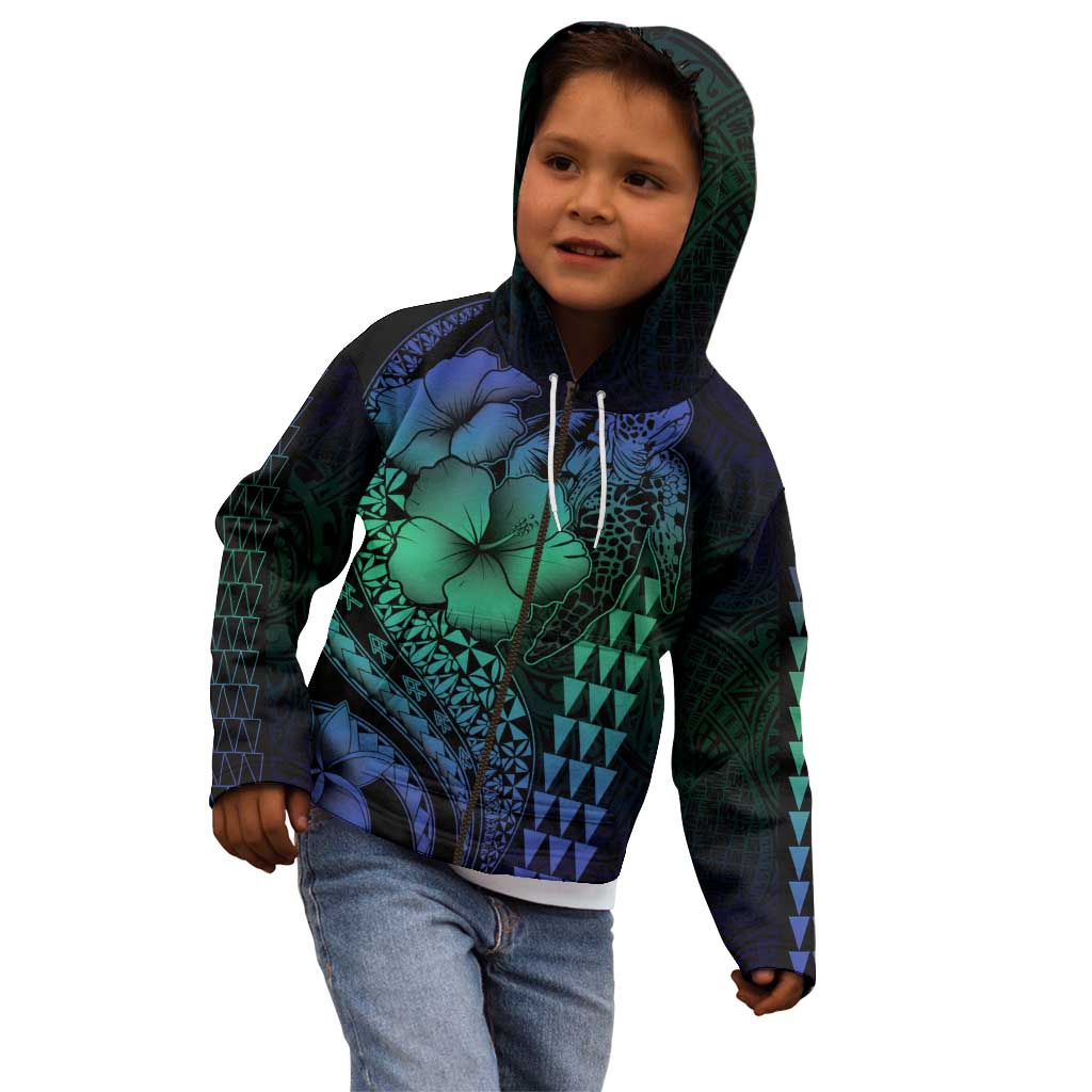 Hawaiian Sea Turtle Kid Hoodie Blue Hibiscus Flowers and Kakau Pattern