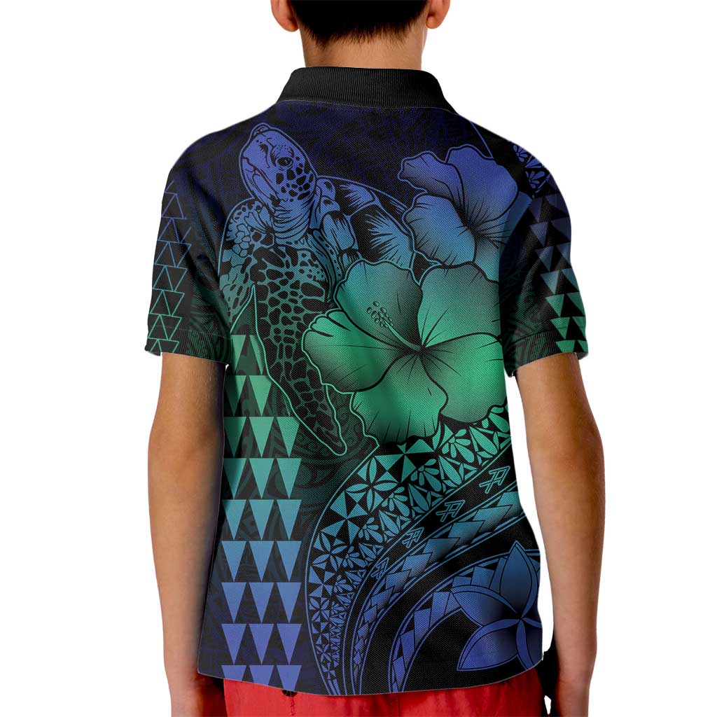 Hawaiian Sea Turtle Kid Polo Shirt Blue Hibiscus Flowers and Kakau Pattern