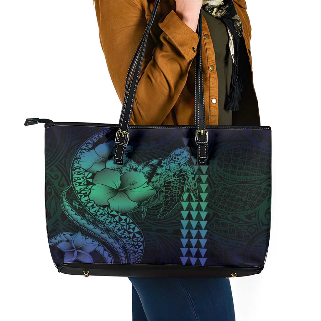 Hawaiian Sea Turtle Leather Tote Bag Blue Hibiscus Flowers and Kakau Pattern