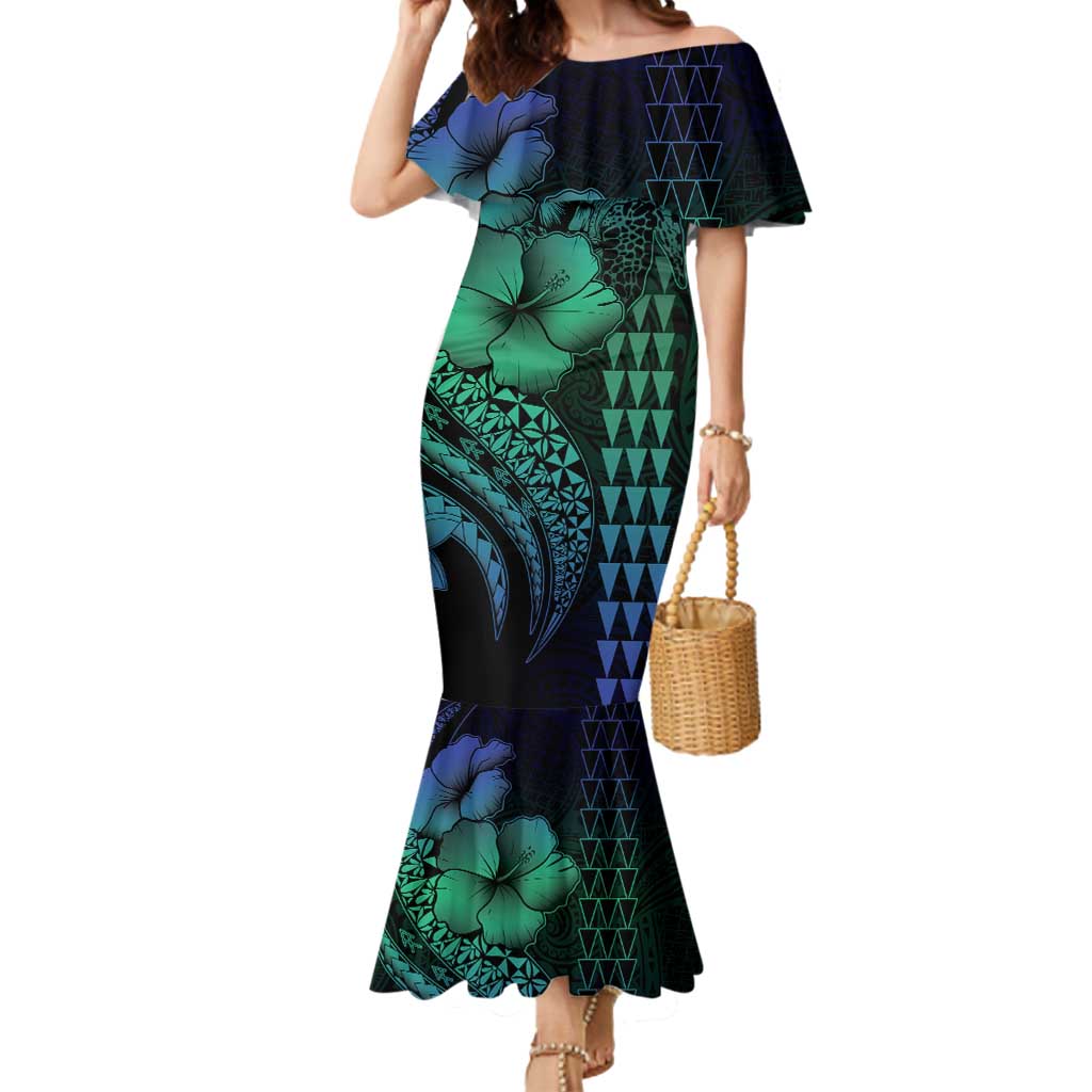 Hawaiian Sea Turtle Mermaid Dress Blue Hibiscus Flowers and Kakau Pattern