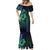 Hawaiian Sea Turtle Mermaid Dress Blue Hibiscus Flowers and Kakau Pattern