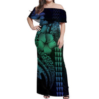 Hawaiian Sea Turtle Off Shoulder Maxi Dress Blue Hibiscus Flowers and Kakau Pattern