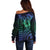 Hawaiian Sea Turtle Off Shoulder Sweater Blue Hibiscus Flowers and Kakau Pattern