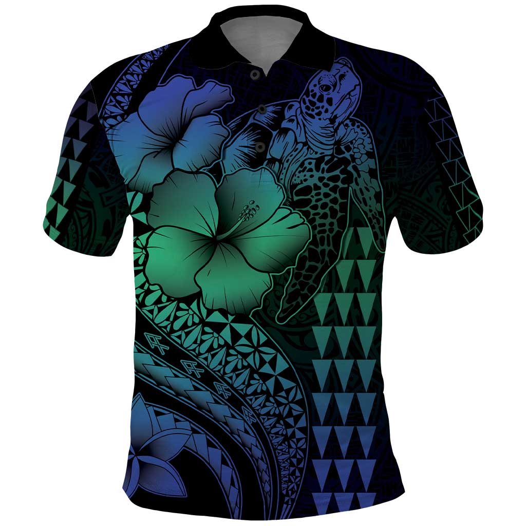Hawaiian Sea Turtle Polo Shirt Blue Hibiscus Flowers and Kakau Pattern