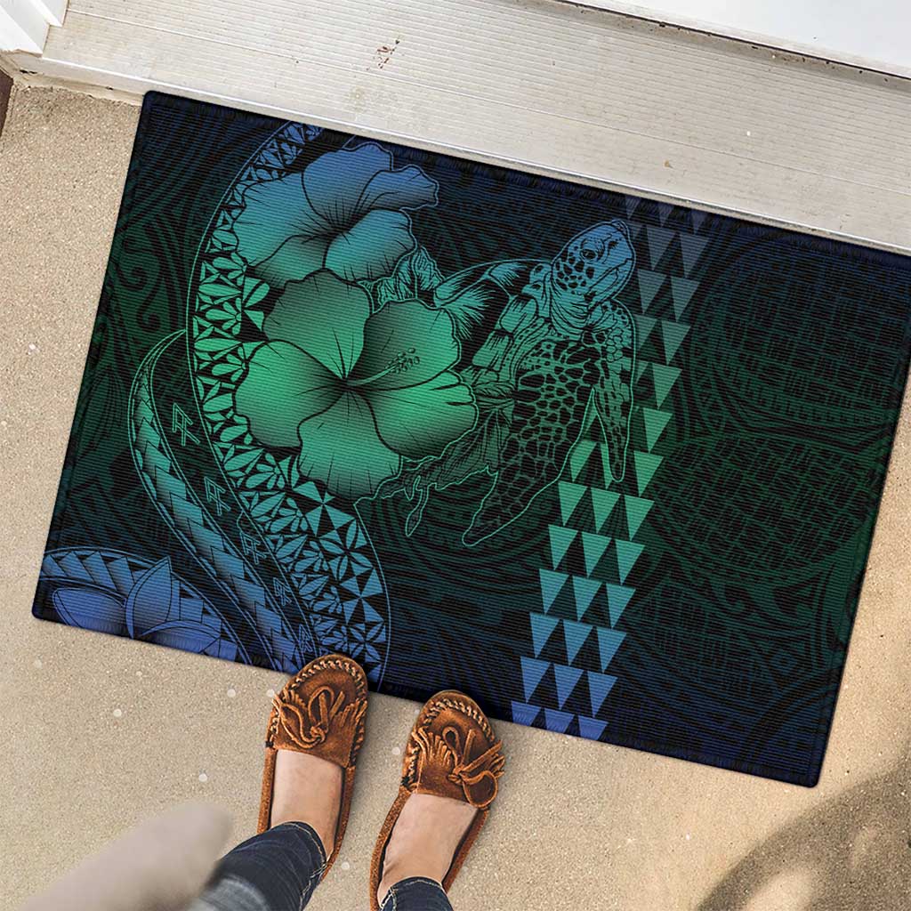 Hawaiian Sea Turtle Rubber Doormat Blue Hibiscus Flowers and Kakau Pattern
