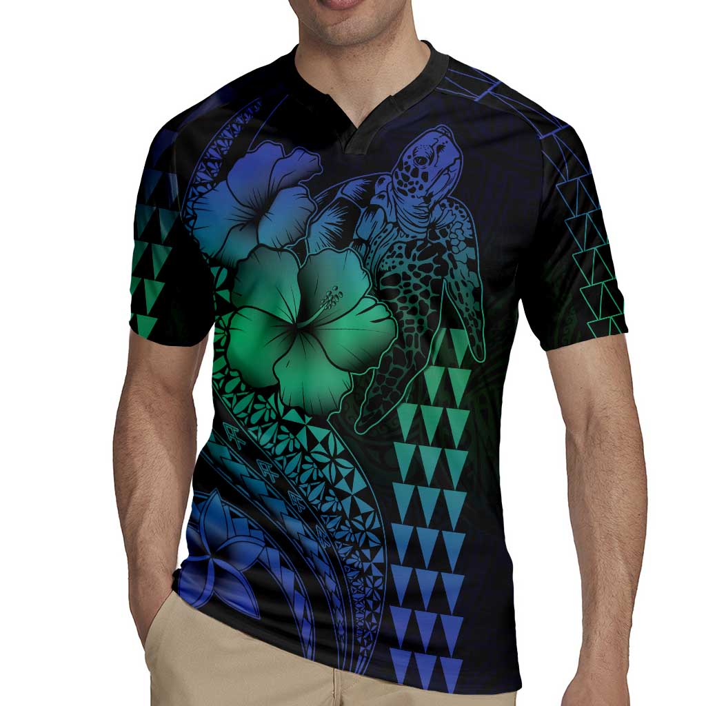 Hawaiian Sea Turtle Rugby Jersey Blue Hibiscus Flowers and Kakau Pattern