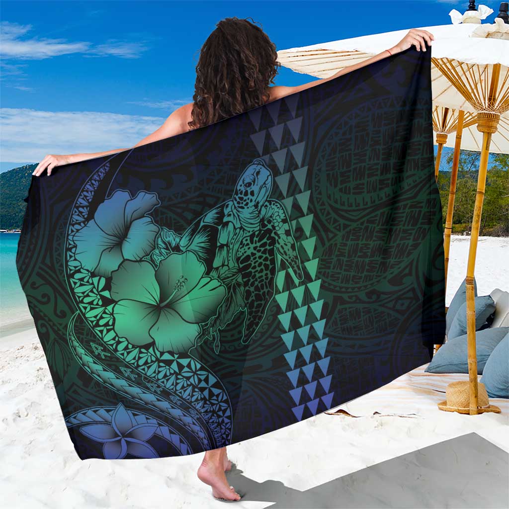 Hawaiian Sea Turtle Sarong Blue Hibiscus Flowers and Kakau Pattern