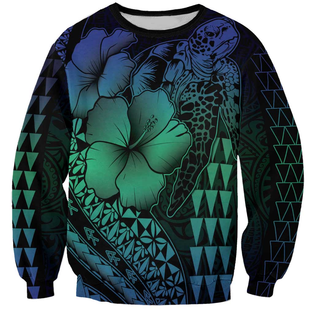 Hawaiian Sea Turtle Sweatshirt Blue Hibiscus Flowers and Kakau Pattern