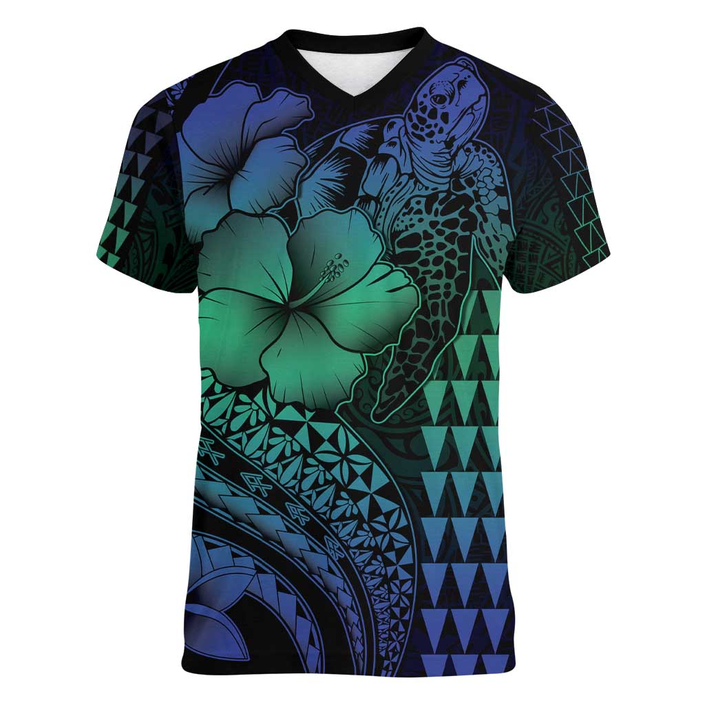 Hawaiian Sea Turtle Women V-Neck T-Shirt Blue Hibiscus Flowers and Kakau Pattern