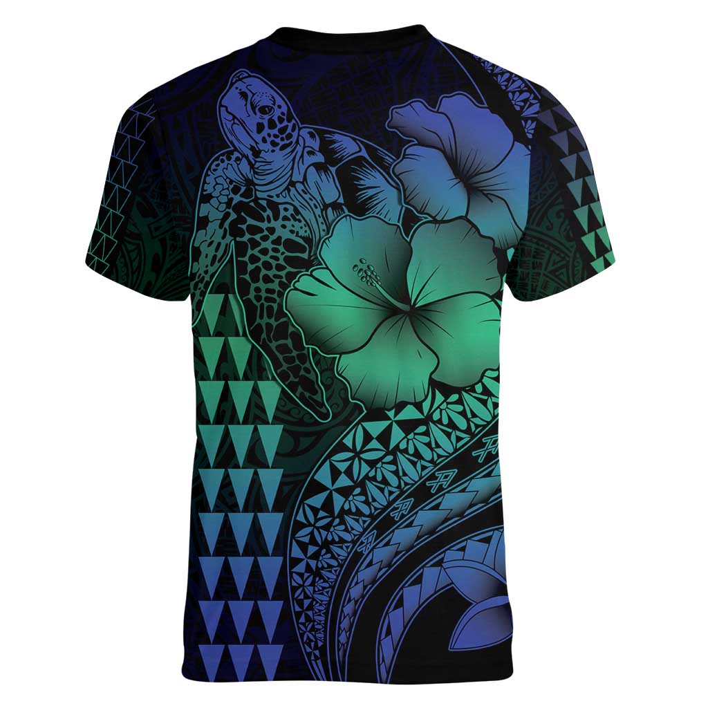 Hawaiian Sea Turtle Women V-Neck T-Shirt Blue Hibiscus Flowers and Kakau Pattern