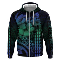 Hawaiian Sea Turtle Zip Hoodie Blue Hibiscus Flowers and Kakau Pattern