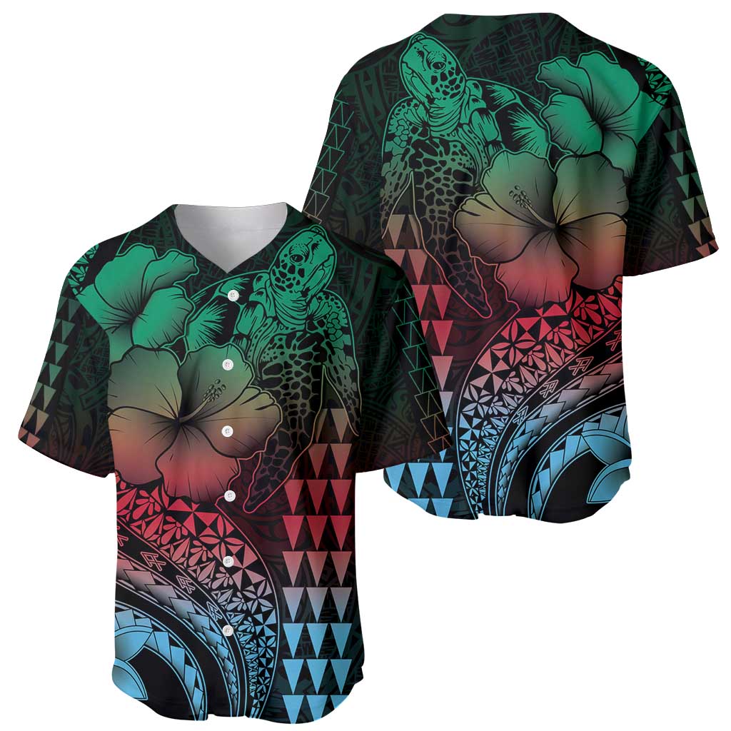 Hawaiian Sea Turtle Baseball Jersey Green Hibiscus Flowers and Kakau Pattern