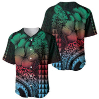 Hawaiian Sea Turtle Baseball Jersey Green Hibiscus Flowers and Kakau Pattern