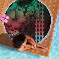 Hawaiian Sea Turtle Beach Blanket Green Hibiscus Flowers and Kakau Pattern