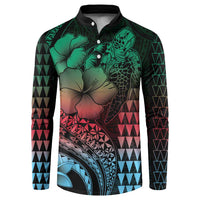 Hawaiian Sea Turtle Button Sweatshirt Green Hibiscus Flowers and Kakau Pattern