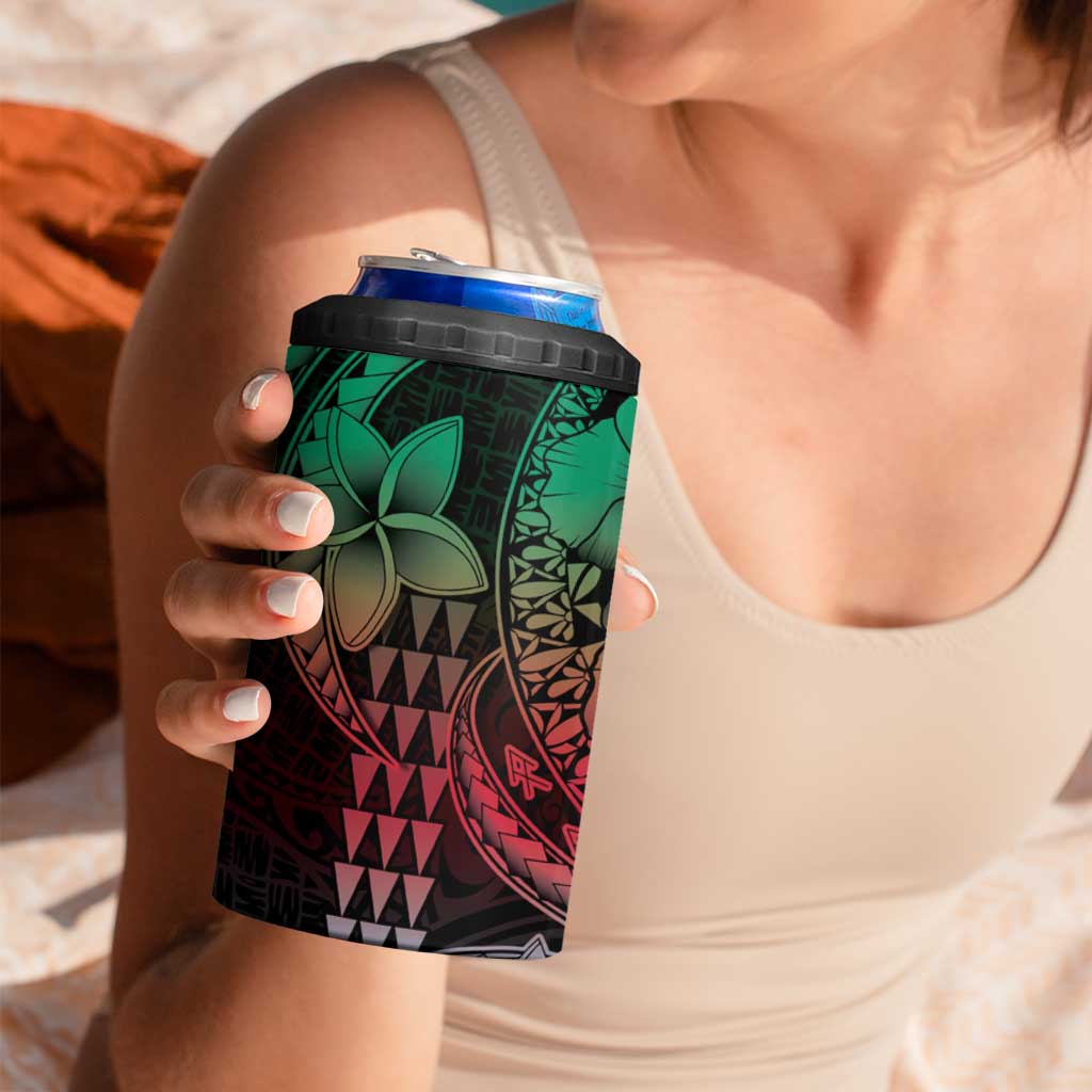 Hawaiian Sea Turtle 4 in 1 Can Cooler Tumbler Green Hibiscus Flowers and Kakau Pattern