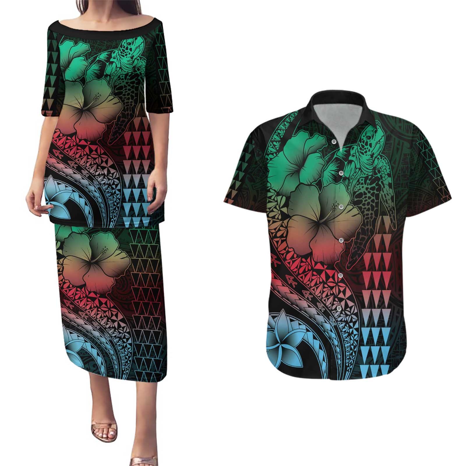 Hawaiian Sea Turtle Couples Matching Puletasi and Hawaiian Shirt Green Hibiscus Flowers and Kakau Pattern