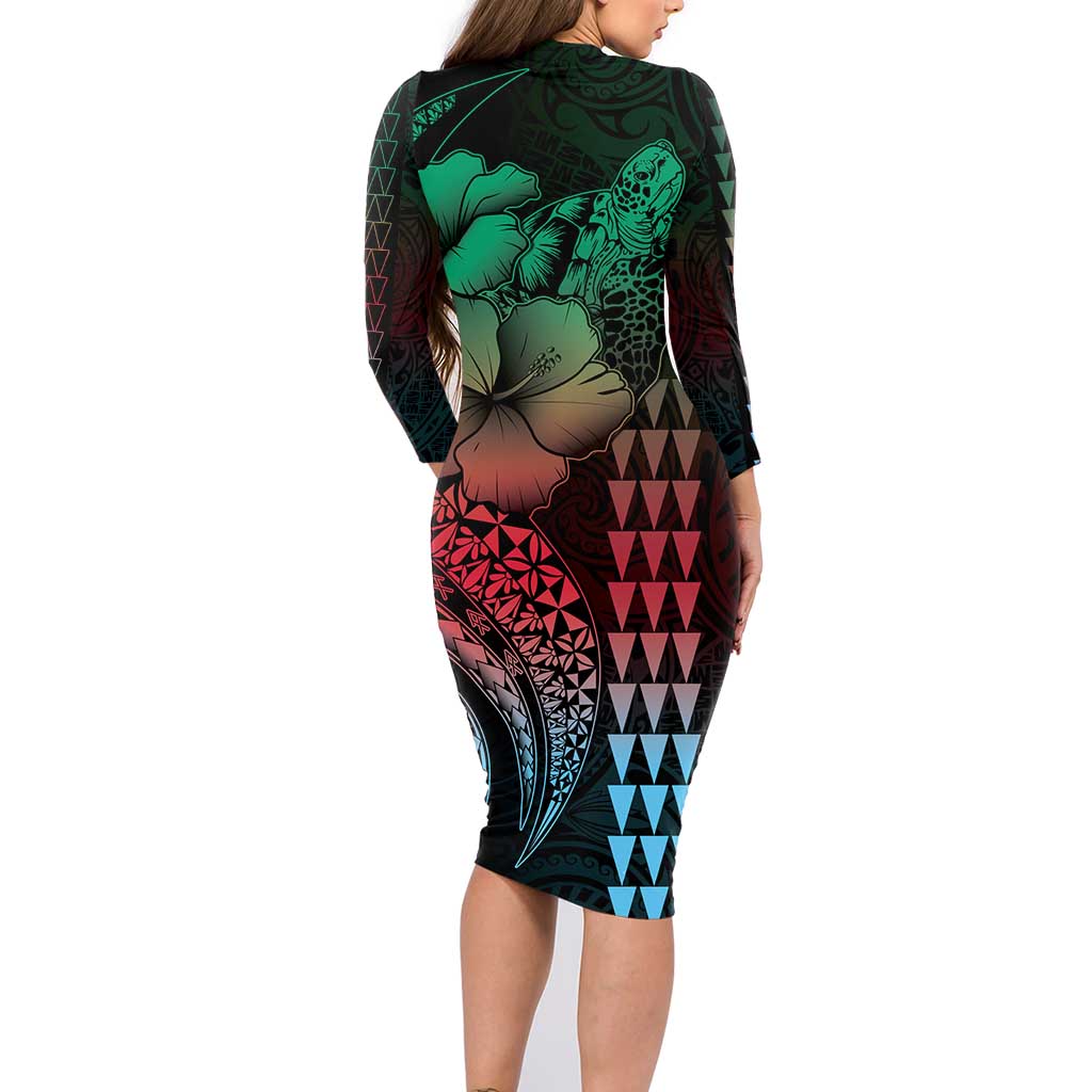 Hawaiian Sea Turtle Family Matching Long Sleeve Bodycon Dress and Hawaiian Shirt Green Hibiscus Flowers and Kakau Pattern