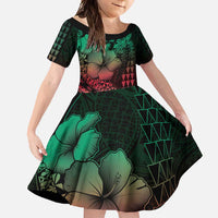 Hawaiian Sea Turtle Family Matching Mermaid Dress and Hawaiian Shirt Green Hibiscus Flowers and Kakau Pattern