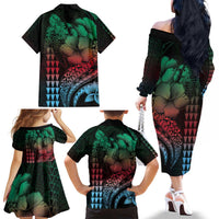 Hawaiian Sea Turtle Family Matching Off The Shoulder Long Sleeve Dress and Hawaiian Shirt Green Hibiscus Flowers and Kakau Pattern