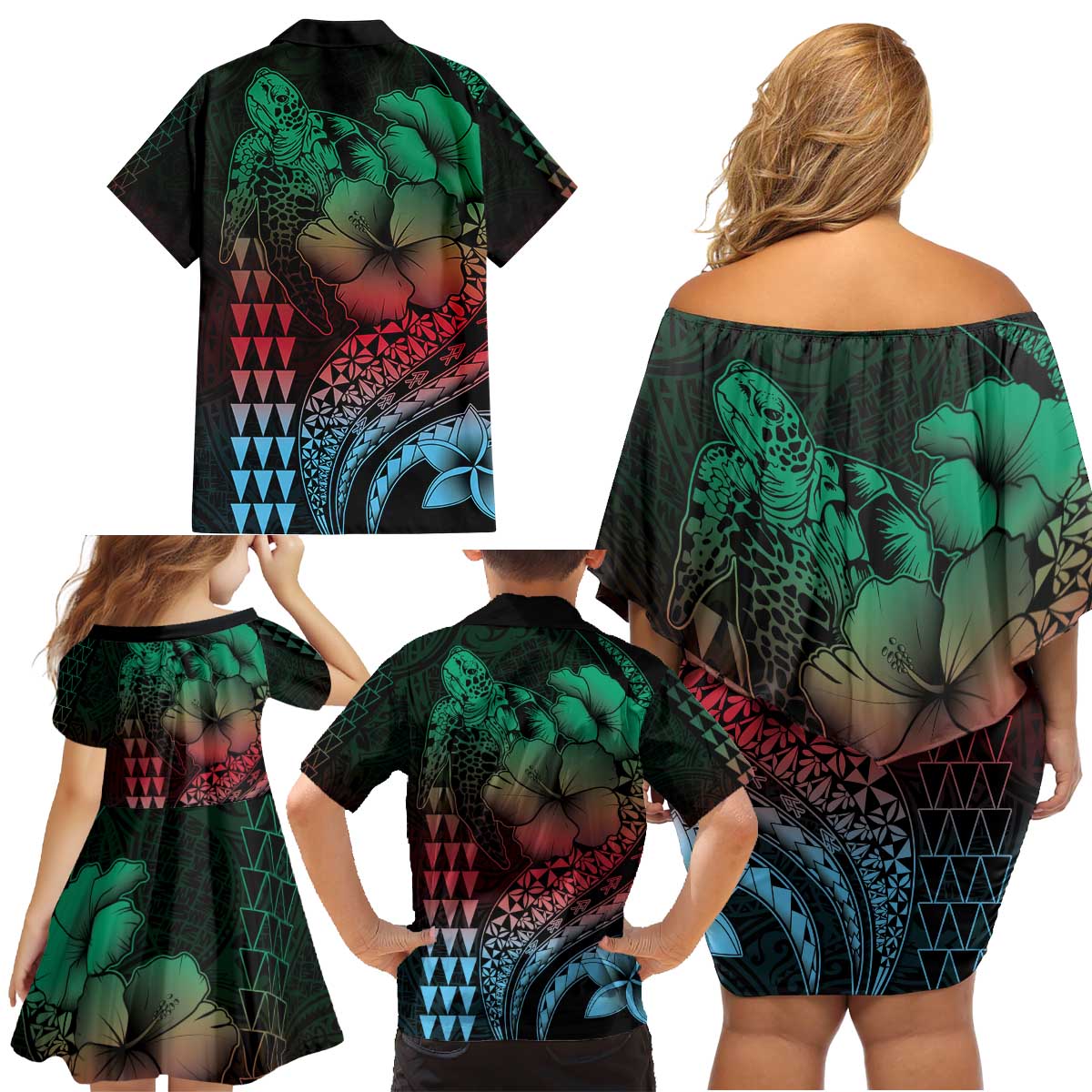 Hawaiian Sea Turtle Family Matching Off Shoulder Short Dress and Hawaiian Shirt Green Hibiscus Flowers and Kakau Pattern