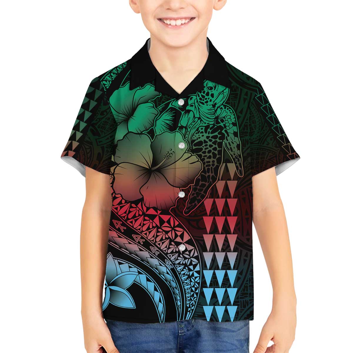 Hawaiian Sea Turtle Family Matching Off Shoulder Short Dress and Hawaiian Shirt Green Hibiscus Flowers and Kakau Pattern