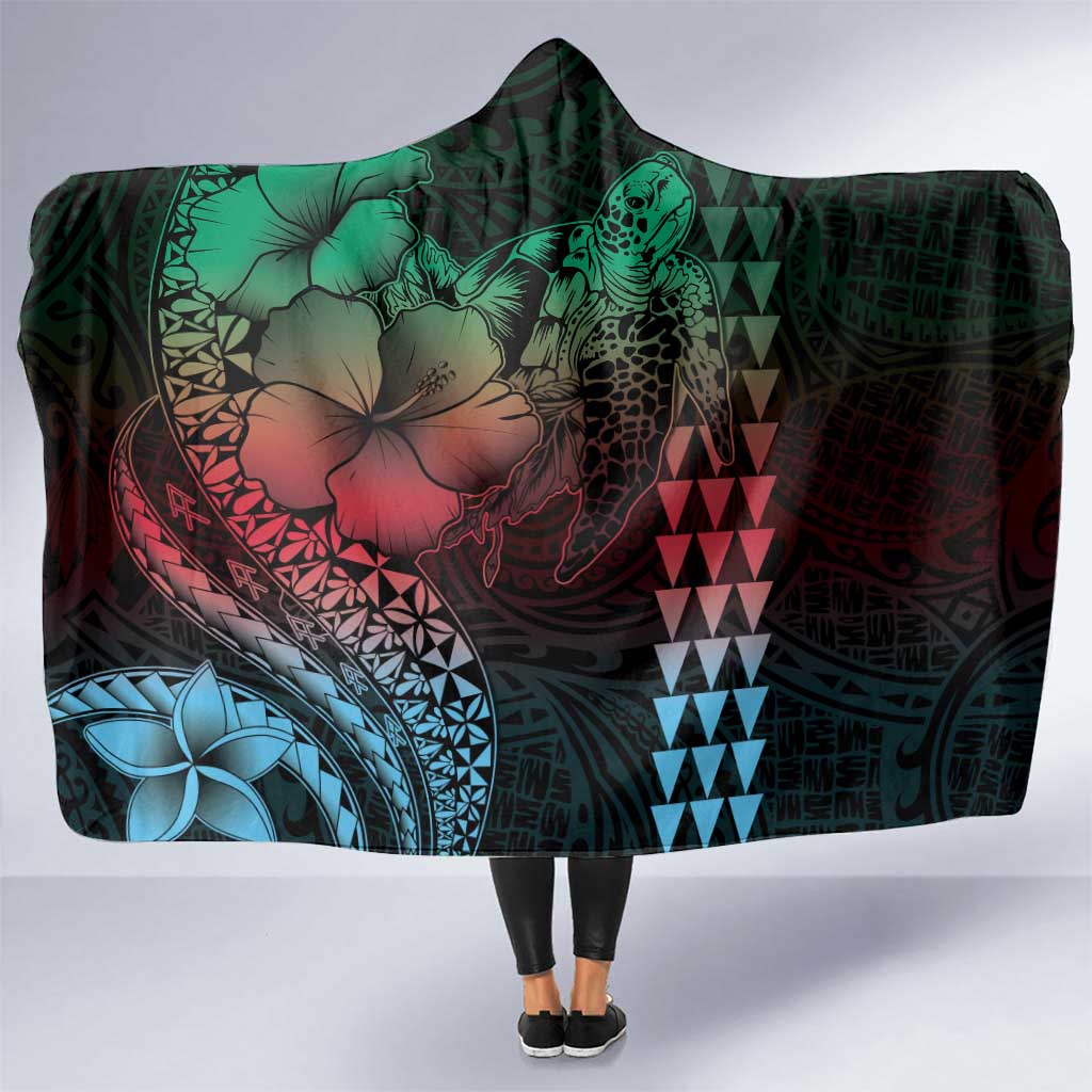 Hawaiian Sea Turtle Hooded Blanket Green Hibiscus Flowers and Kakau Pattern