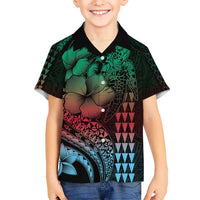 Hawaiian Sea Turtle Kid Hawaiian Shirt Green Hibiscus Flowers and Kakau Pattern