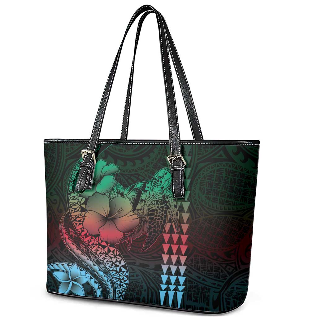 Hawaiian Sea Turtle Leather Tote Bag Green Hibiscus Flowers and Kakau Pattern