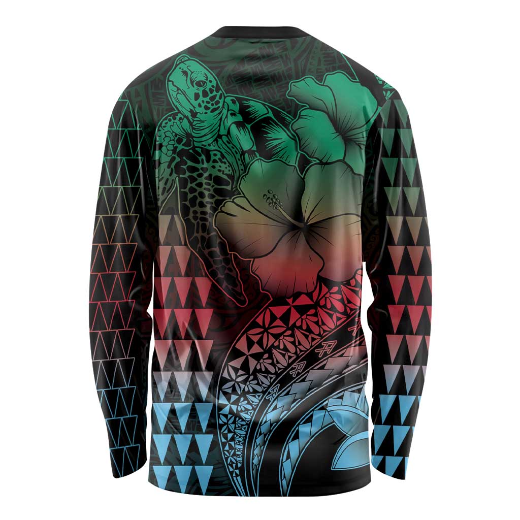 Hawaiian Sea Turtle Long Sleeve Shirt Green Hibiscus Flowers and Kakau Pattern