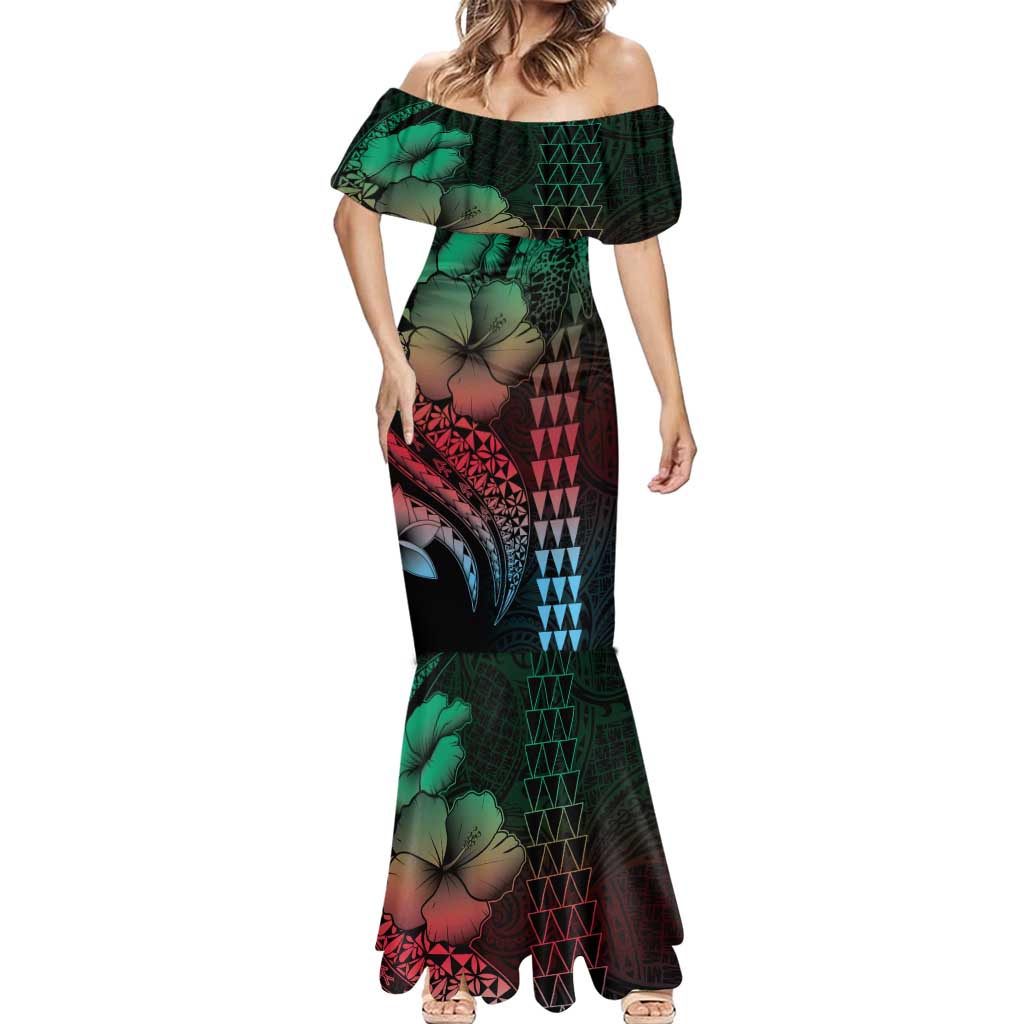 Hawaiian Sea Turtle Mermaid Dress Green Hibiscus Flowers and Kakau Pattern