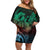 Hawaiian Sea Turtle Off Shoulder Short Dress Green Hibiscus Flowers and Kakau Pattern