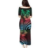 Hawaiian Sea Turtle Puletasi Green Hibiscus Flowers and Kakau Pattern