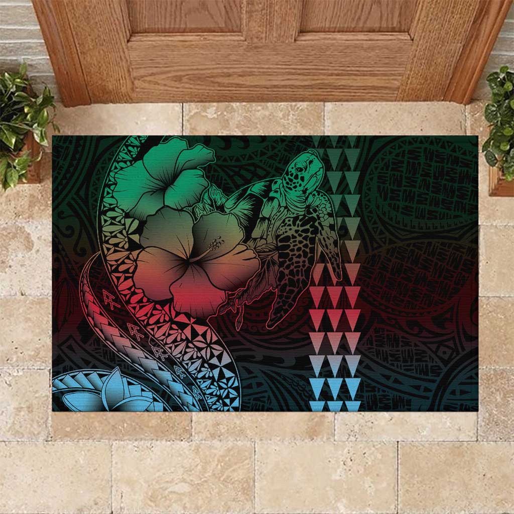Hawaiian Sea Turtle Rubber Doormat Green Hibiscus Flowers and Kakau Pattern