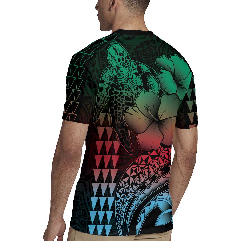 Hawaiian Sea Turtle Rugby Jersey Green Hibiscus Flowers and Kakau Pattern