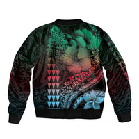 Hawaiian Sea Turtle Sleeve Zip Bomber Jacket Green Hibiscus Flowers and Kakau Pattern