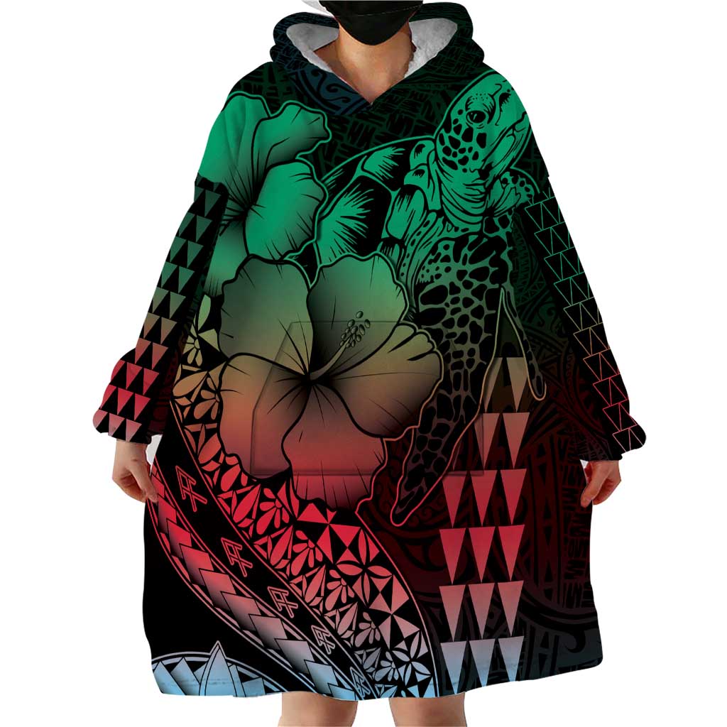 Hawaiian Sea Turtle Wearable Blanket Hoodie Green Hibiscus Flowers and Kakau Pattern